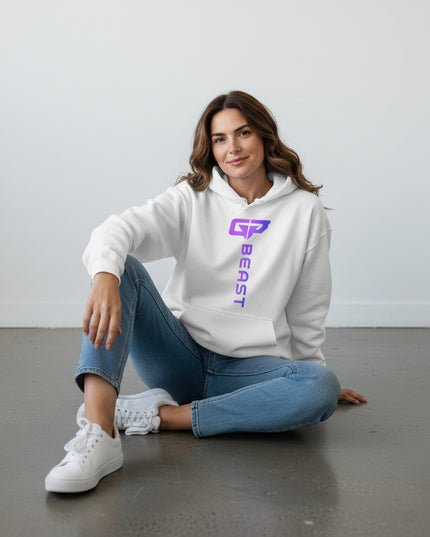 GYM PANTHERS white unisex hoodie with a vertical gradient logo and text that reads "BEAST" on the chest.