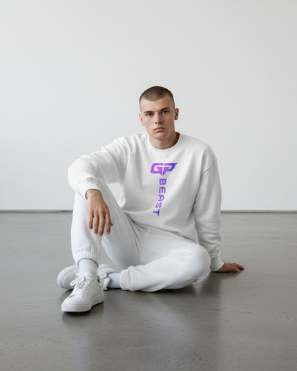GYM PANTHERS white crewneck sweatshirt with vertical gradient logo and text 'BEAST'