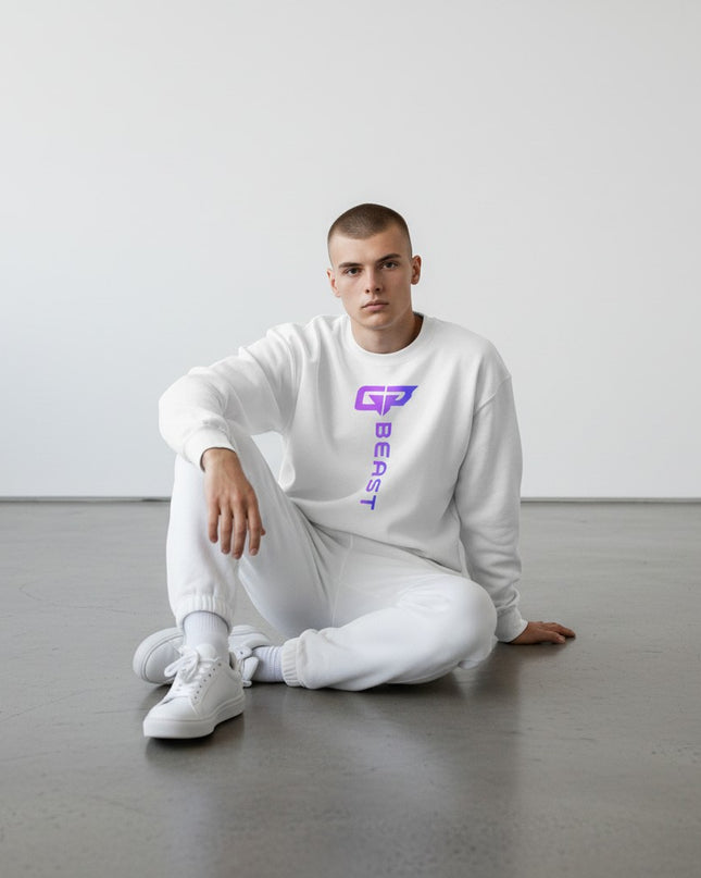 GYM PANTHERS white crewneck sweatshirt with vertical gradient logo and text 'BEAST'
