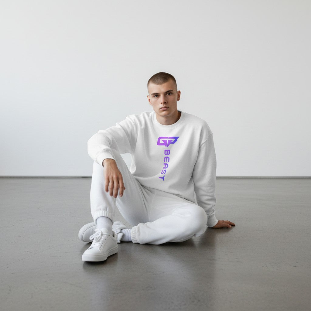 GYM PANTHERS white crewneck sweatshirt with vertical gradient logo and text 'BEAST'