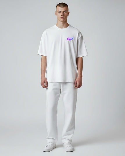 GYM PANTHERS white 100% combed ring-spun cotton t-shirt with purple and blue gradient GP logo on chest. Short sleeves, crew neck.