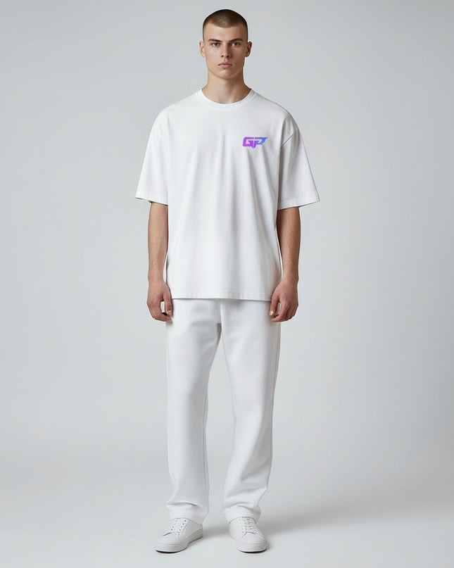 GYM PANTHERS white 100% combed ring-spun cotton t-shirt with purple and blue gradient GP logo on chest. Short sleeves, crew neck.