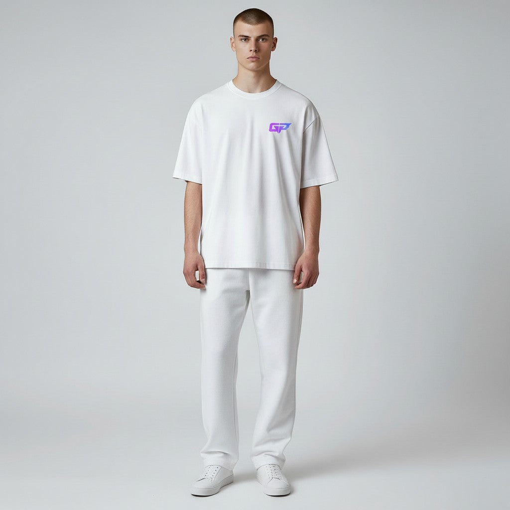 GYM PANTHERS white 100% combed ring-spun cotton t-shirt with purple and blue gradient GP logo on chest. Short sleeves, crew neck.