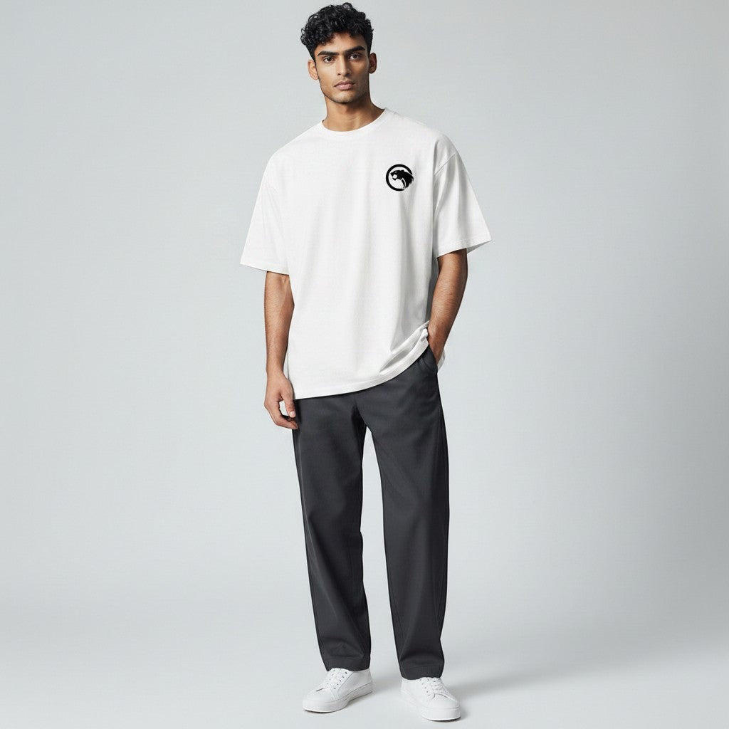 GYM PANTHERS white 100% combed ring-spun cotton t-shirt with black panther logo on left chest. Crew neck, short sleeves.