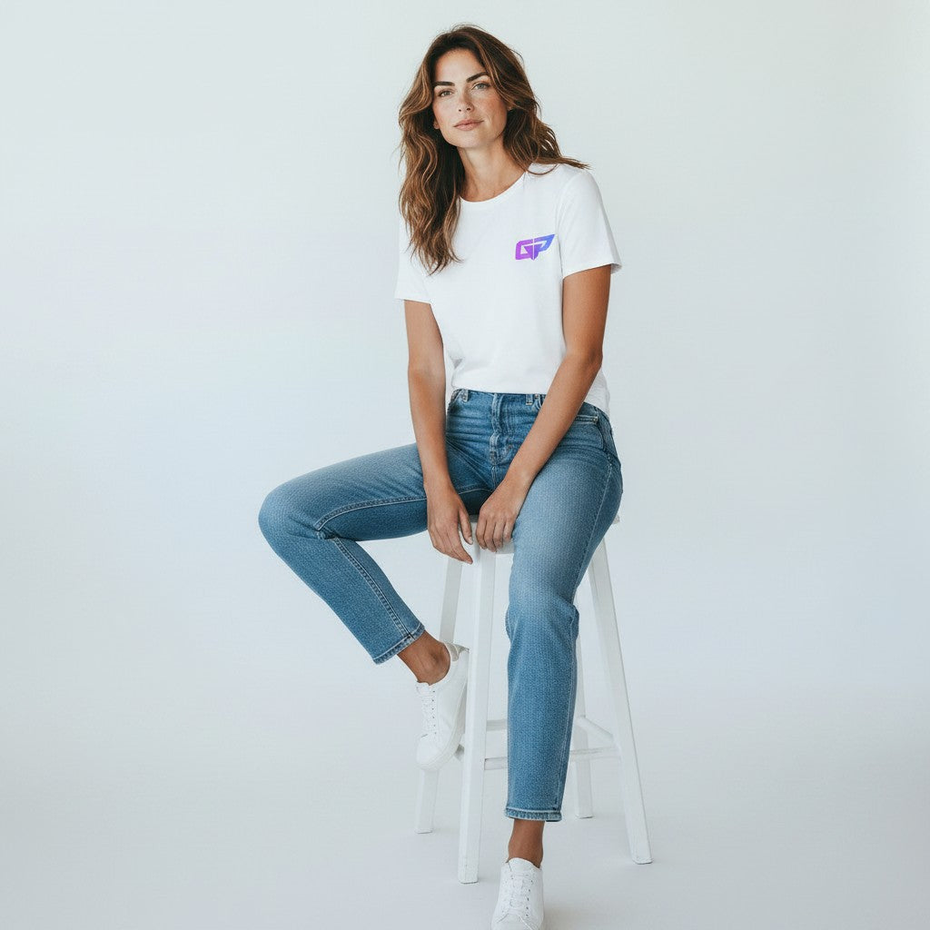 GYM PANTHERS white 100% cotton t-shirt with a small purple and blue logo on the left chest. Model wears it with blue jeans.