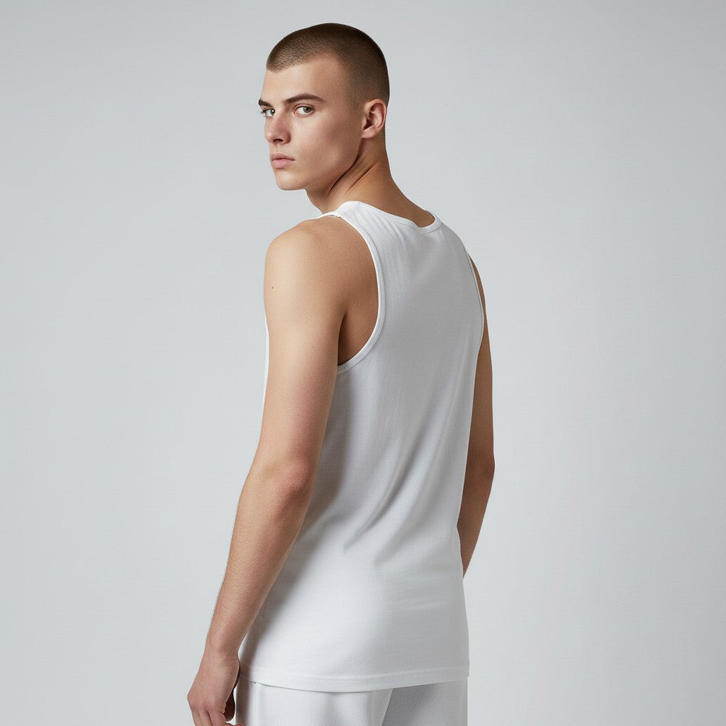 GYM PANTHERS Men's classic white cotton tank top with a clean athletic fit, perfect for workouts or casual wear.