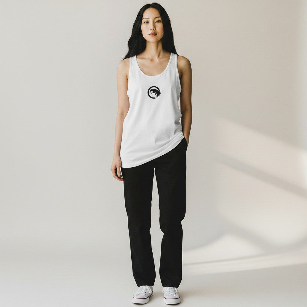 GYM PANTHERS white 100% combed and ringspun cotton women's tank top with black panther logo on chest.