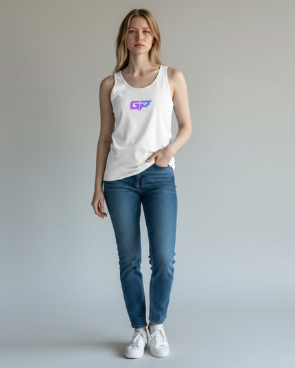 GYM PANTHERS white 100% combed and ringspun cotton women's classic tank top with purple and blue gradient logo.