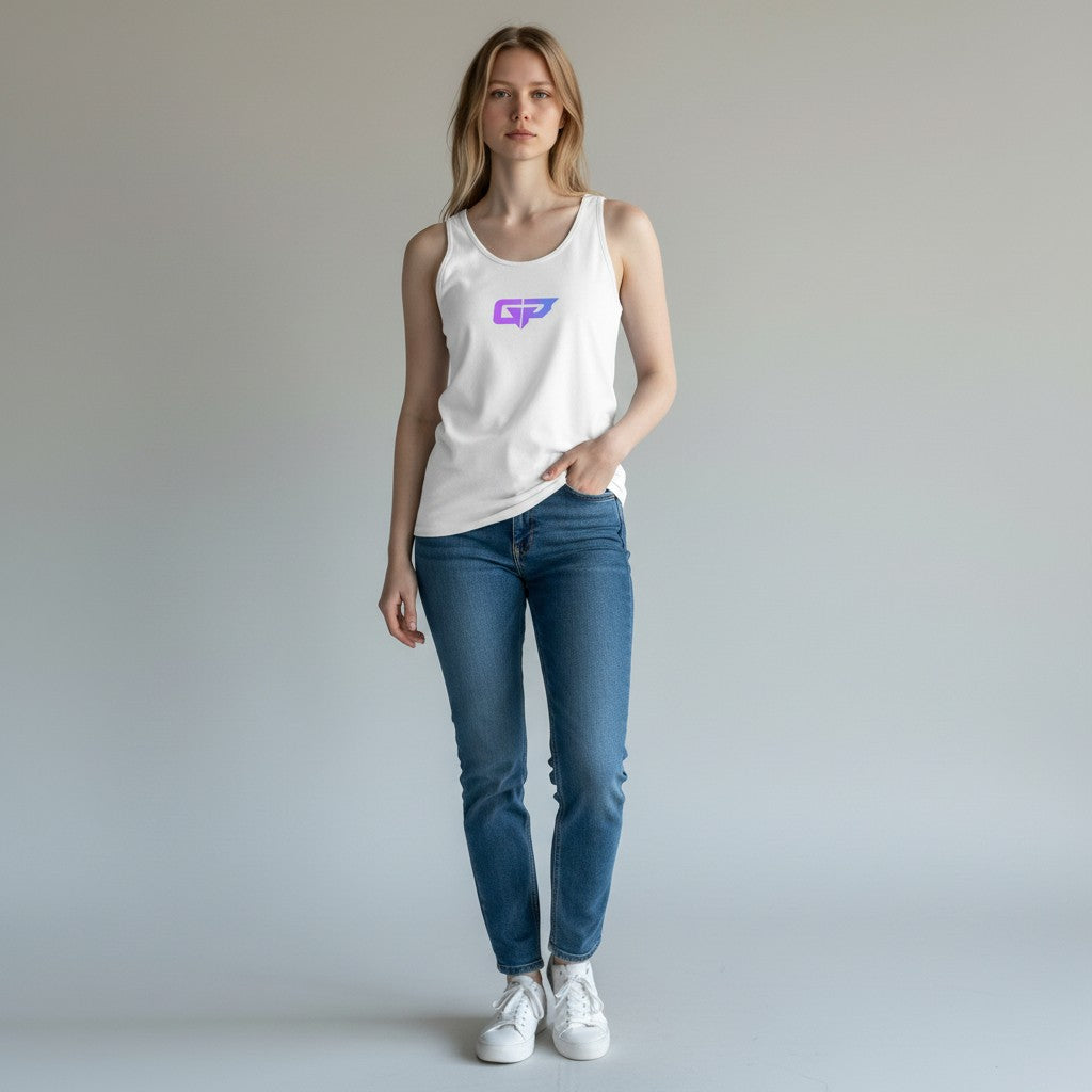 GYM PANTHERS white 100% combed and ringspun cotton women's classic tank top with purple and blue gradient logo.