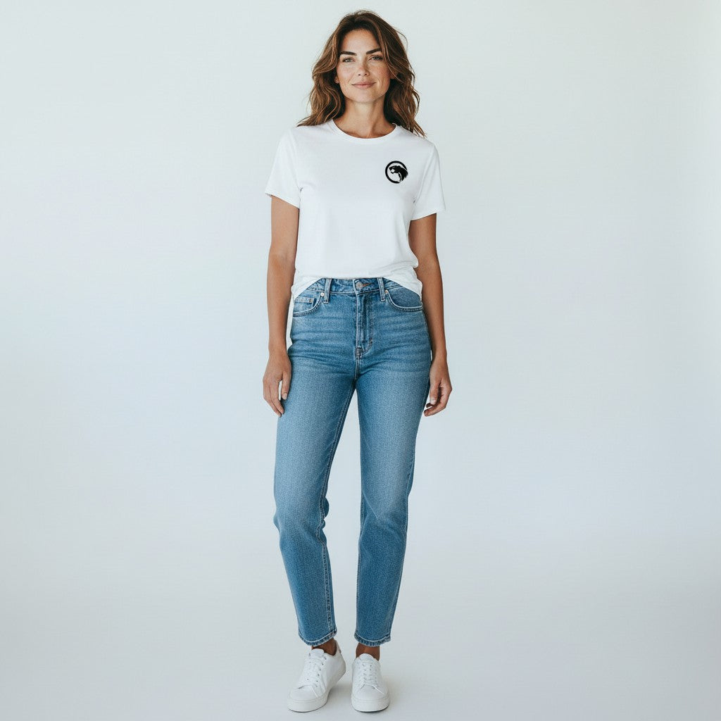 GYM PANTHERS white 100% cotton t-shirt with black panther logo on chest. Short sleeves, crew neck, relaxed fit.