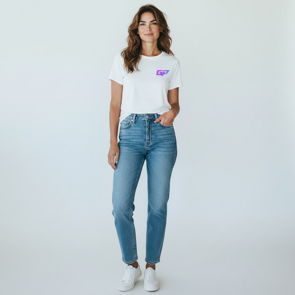 GYM PANTHERS white unisex t-shirt made from 100% cotton with a small purple and blue gradient GP logo on the left chest.
