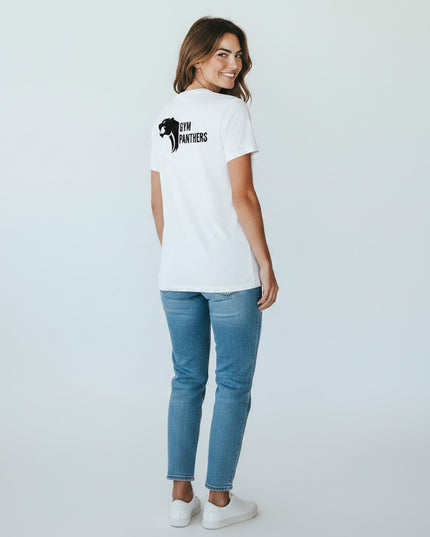GYM PANTHERS white 100% cotton t-shirt with black panther logo and text on back. Crew neck, short sleeves, relaxed fit.