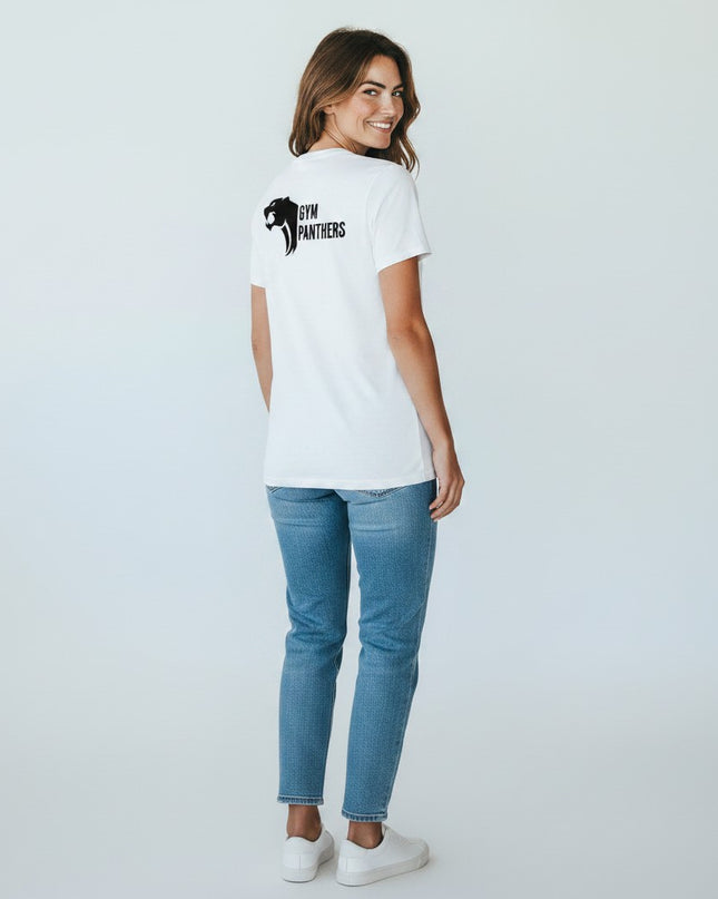 GYM PANTHERS white 100% cotton t-shirt with black panther logo and text on back. Crew neck, short sleeves, relaxed fit.