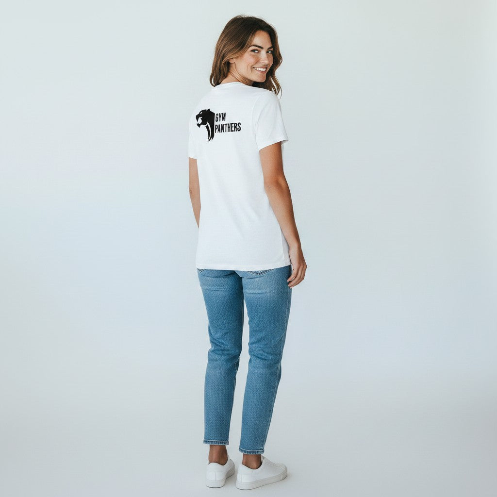 GYM PANTHERS white 100% cotton t-shirt with black panther logo and text on back. Crew neck, short sleeves, relaxed fit.