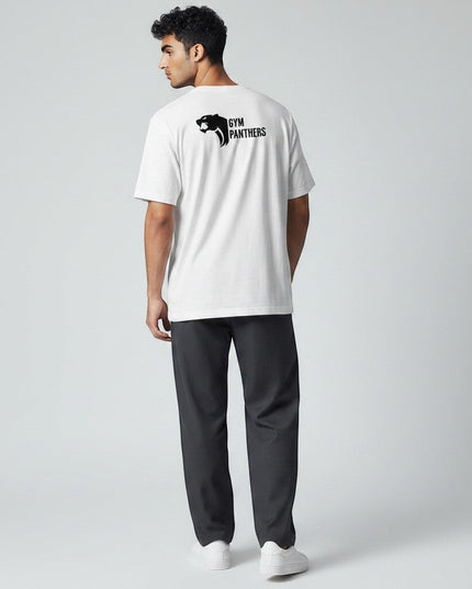 GYM PANTHERS white 100% cotton t-shirt with black panther logo on back, crew neck, short sleeves, designed for comfort and performance.