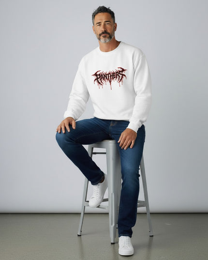 GYM PANTHERS white crewneck sweatshirt with a distressed black and red 'Panthers' graphic logo with dripping effect.