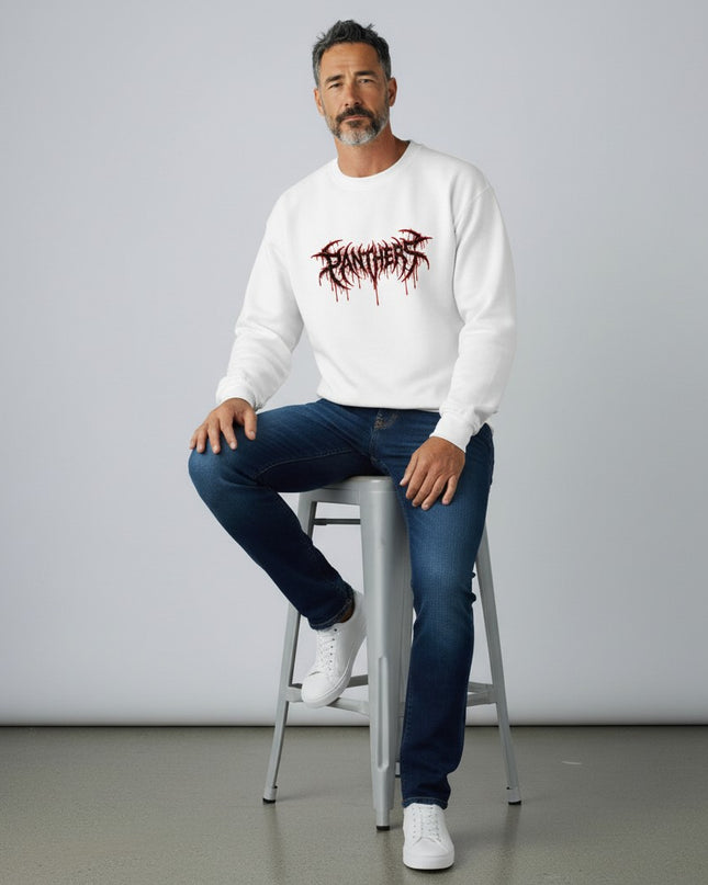 GYM PANTHERS white crewneck sweatshirt with a distressed black and red 'Panthers' graphic logo with dripping effect.