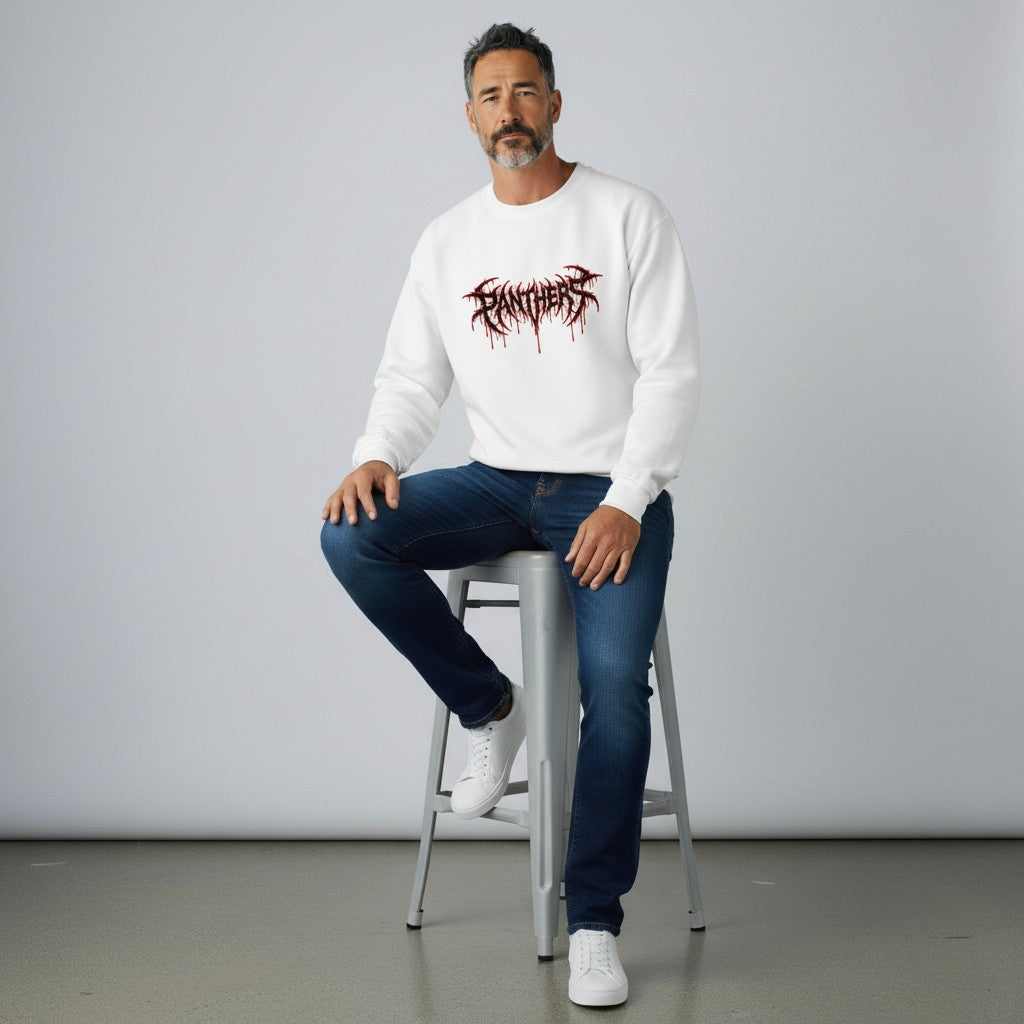 GYM PANTHERS white crewneck sweatshirt with a distressed black and red 'Panthers' graphic logo with dripping effect.