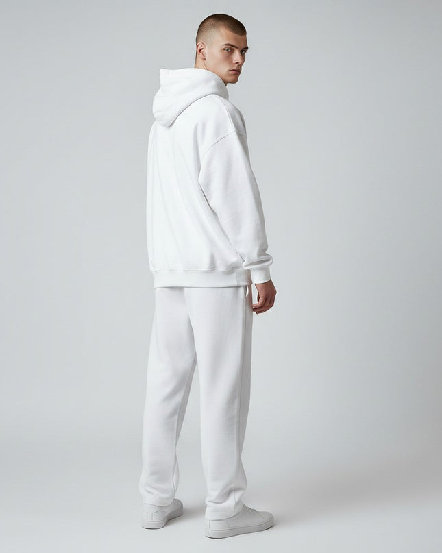 GYM PANTHERS Men's white essential hoodie with double-lined hood, drawcord, rib-knit cuffs, waistband, and pouch pocket.