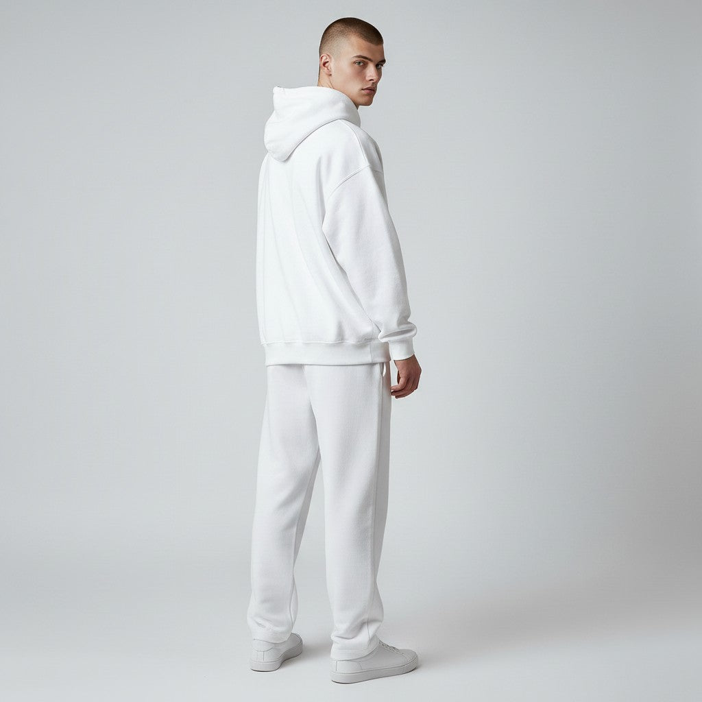GYM PANTHERS Men's white essential hoodie with double-lined hood, drawcord, rib-knit cuffs, waistband, and pouch pocket.