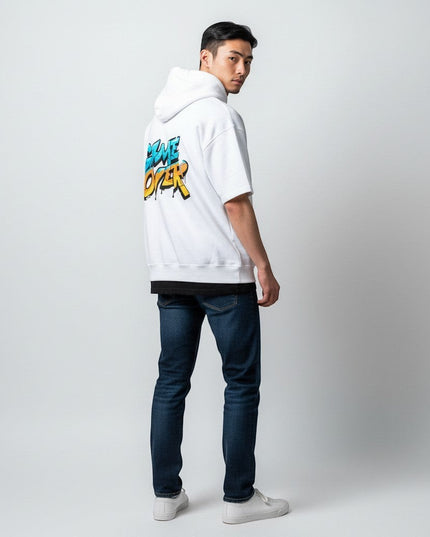 GYM PANTHERS white cotton hoodie with blue and orange "GAME OVER" graffiti-style graphic on back. Comfortable, stylish, and durable.