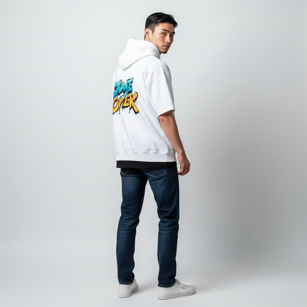 GYM PANTHERS white cotton hoodie with blue and orange "GAME OVER" graffiti-style graphic on back. Comfortable, stylish, and durable.