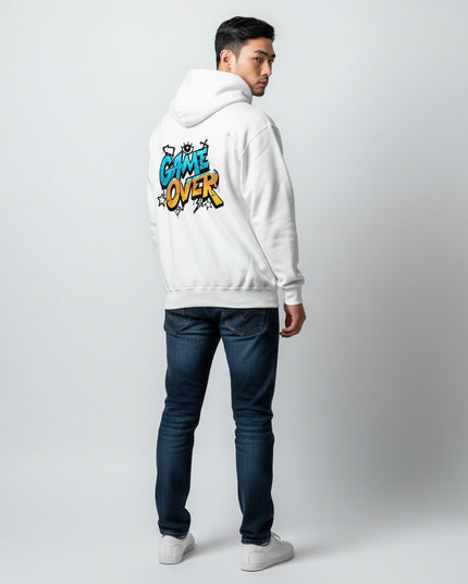 GYM PANTHERS white hoodie with "GAME OVER" graffiti-style graphic print in blue and yellow.