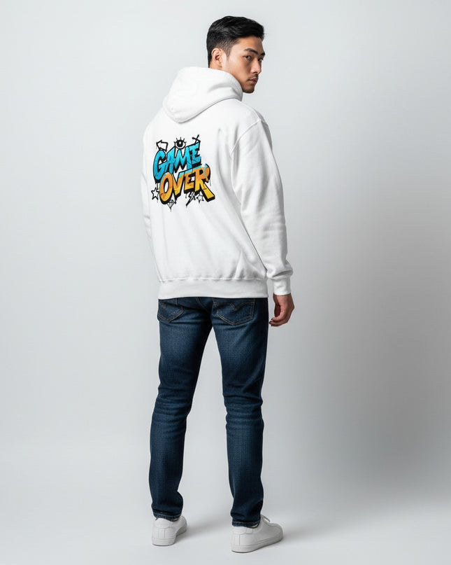GYM PANTHERS white hoodie with "GAME OVER" graffiti-style graphic print in blue and yellow.