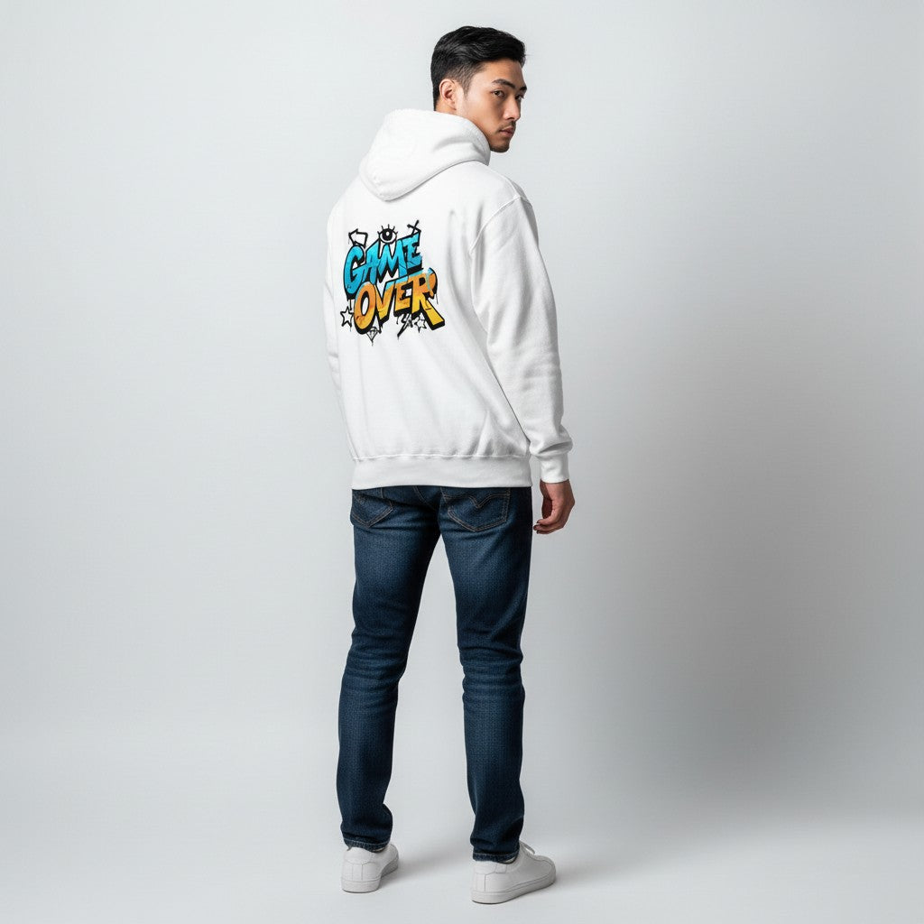 GYM PANTHERS white hoodie with "GAME OVER" graffiti-style graphic print in blue and yellow.