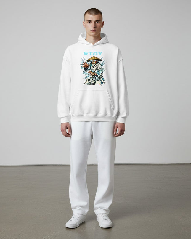 GYM PANTHERS white cotton-blend hoodie with a graphic print of a meditating figure surrounded by lightning and the word STAY.
