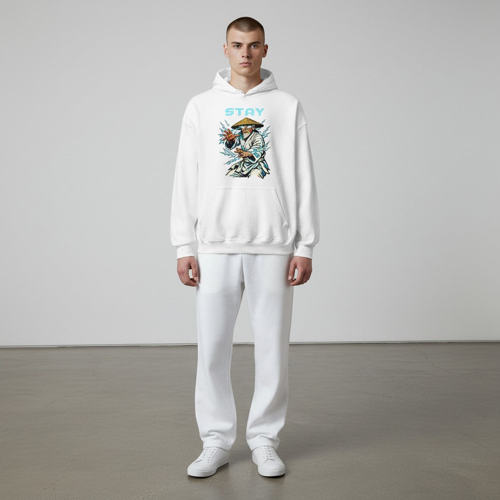 GYM PANTHERS white cotton-blend hoodie with a graphic print of a meditating figure surrounded by lightning and the word STAY.