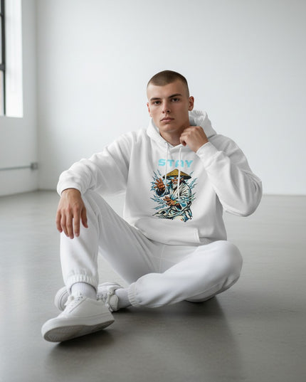 GYM PANTHERS white cotton-blend hoodie with a graphic print of a meditating figure surrounded by lightning.