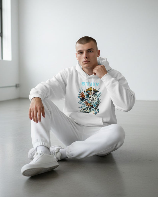 GYM PANTHERS white cotton-blend hoodie with a graphic print of a meditating figure surrounded by lightning.