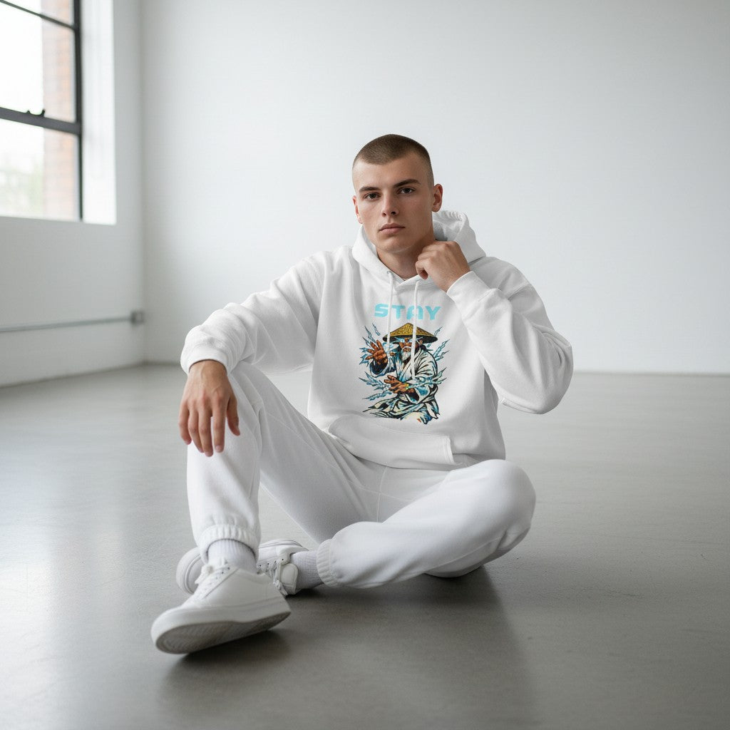 GYM PANTHERS white cotton-blend hoodie with a graphic print of a meditating figure surrounded by lightning.