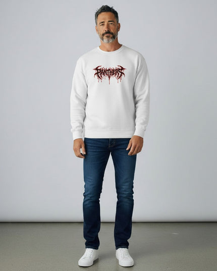 GYM PANTHERS white crewneck sweatshirt with black and red graphic logo on the front.