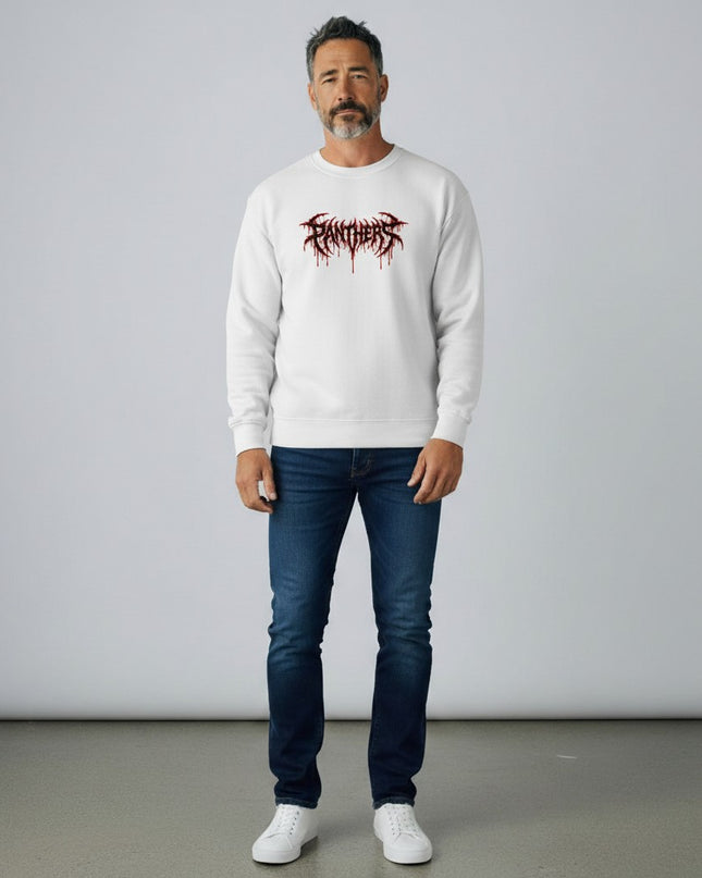 GYM PANTHERS white crewneck sweatshirt with black and red graphic logo on the front.