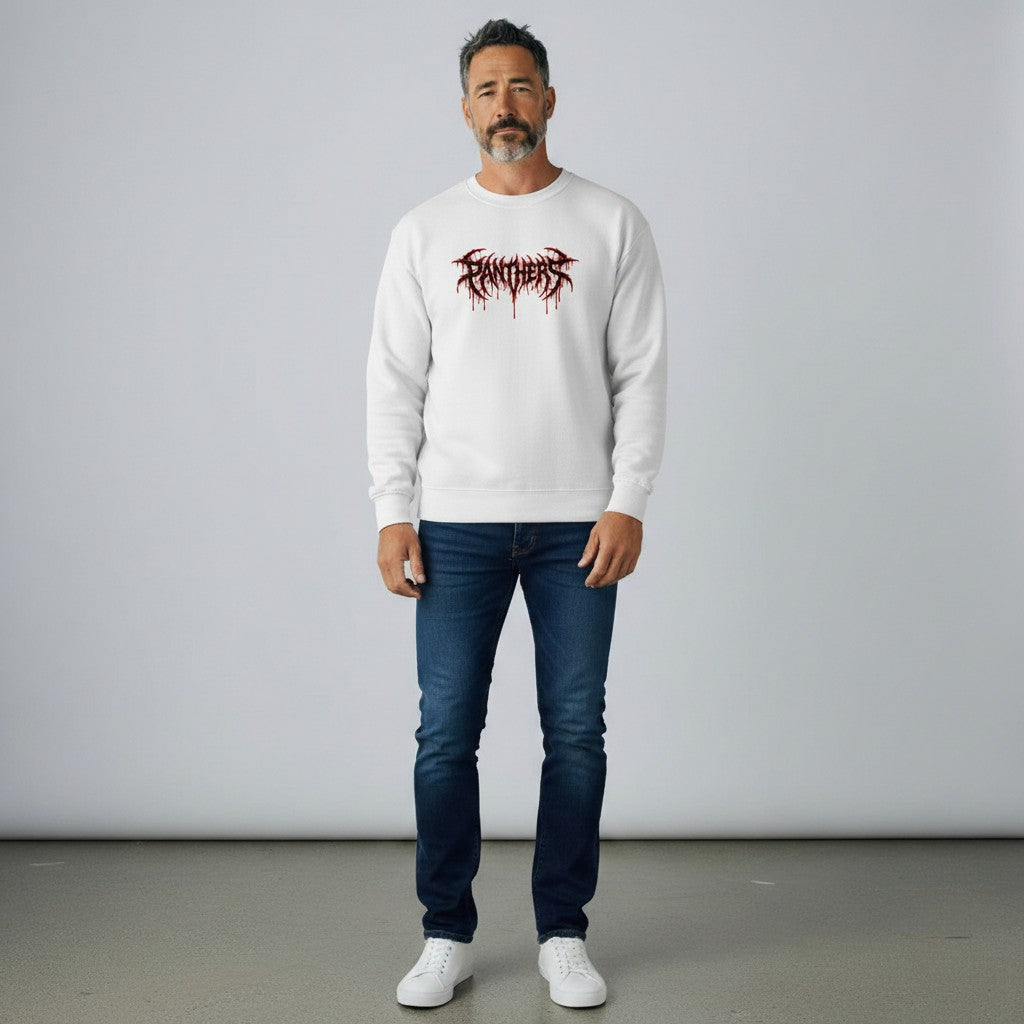 GYM PANTHERS white crewneck sweatshirt with black and red graphic logo on the front.