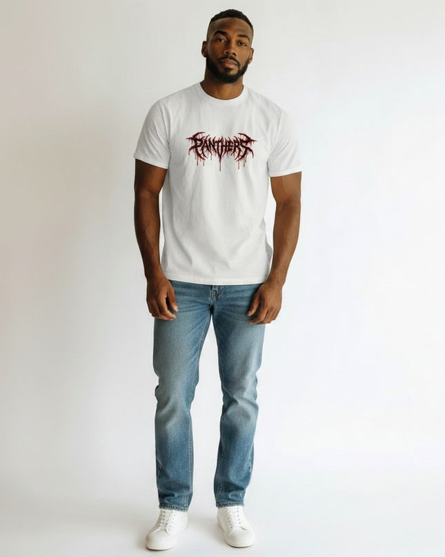 GYM PANTHERS white 100% cotton t-shirt with a distressed red 'Panthers' graphic logo. Soft, lightweight, and flattering fit.