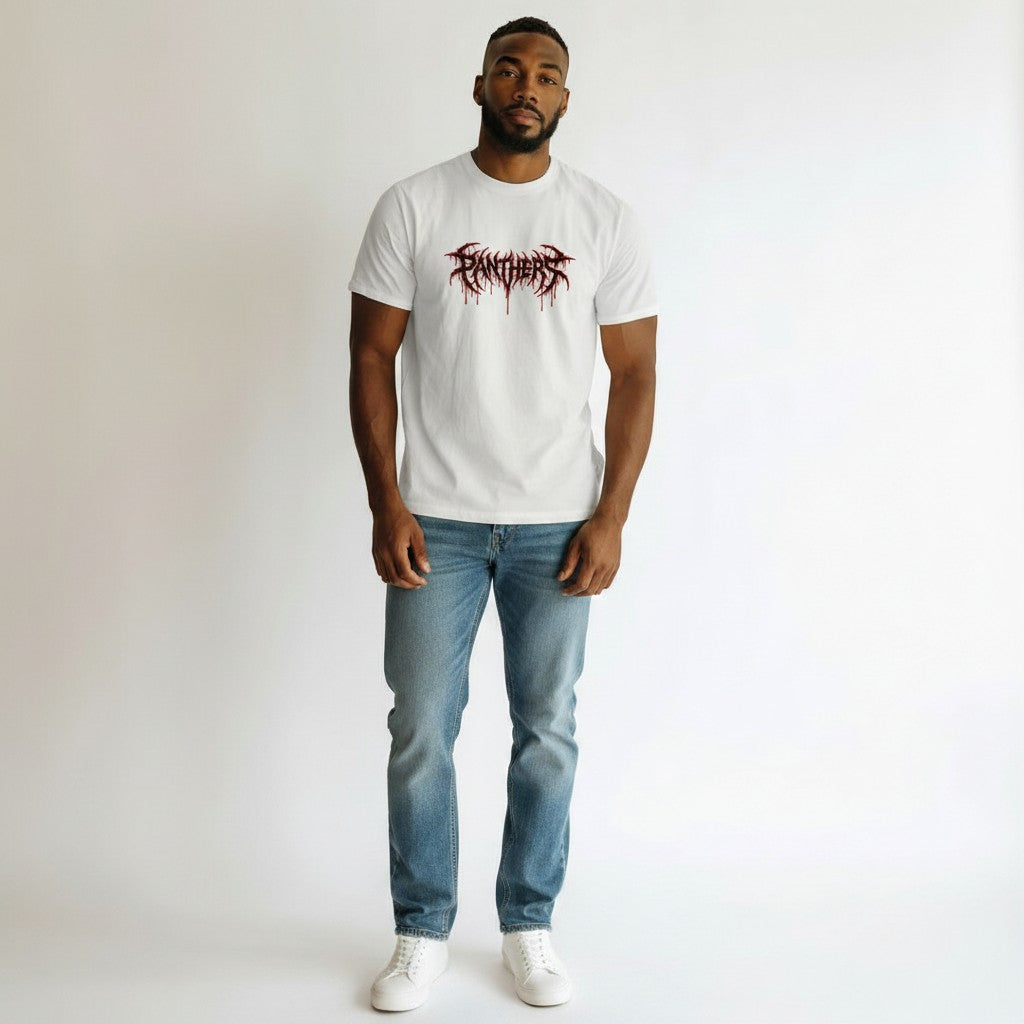 GYM PANTHERS white 100% cotton t-shirt with a distressed red 'Panthers' graphic logo. Soft, lightweight, and flattering fit.