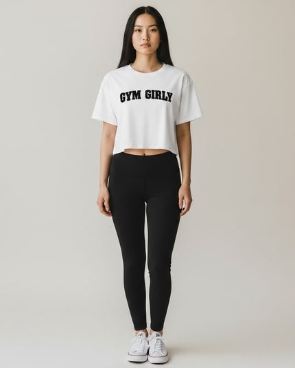 GYM PANTHERS white cotton crop top with black "Gym Girly" text, relaxed fit, short sleeves.