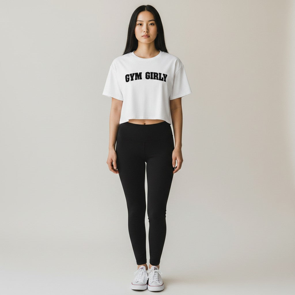 GYM PANTHERS white cotton crop top with black "Gym Girly" text, relaxed fit, short sleeves.
