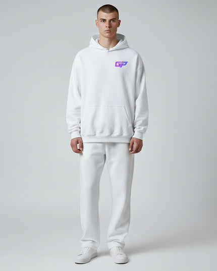 GYM PANTHERS white cotton blend hoodie with purple and blue gradient GP logo on chest, front pouch pocket, and drawstring hood.