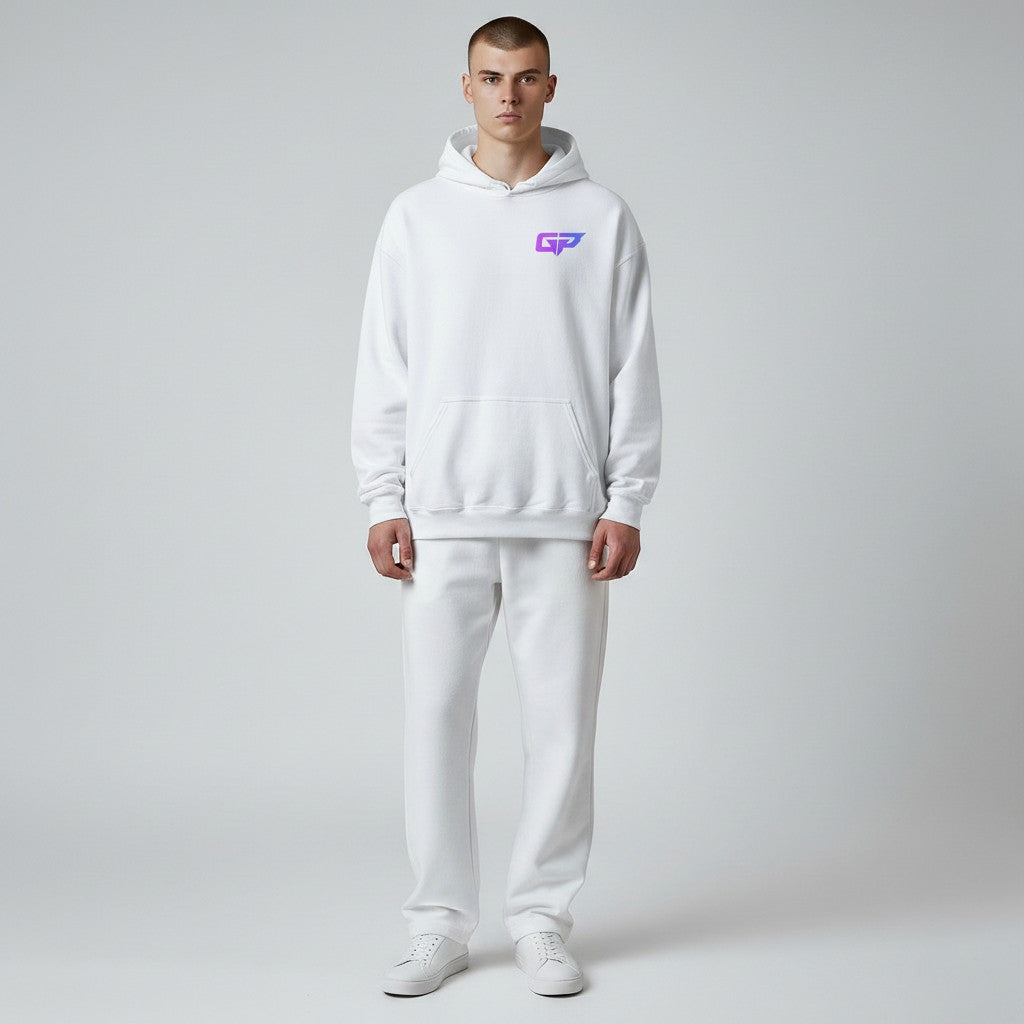 GYM PANTHERS white cotton blend hoodie with purple and blue gradient GP logo on chest, front pouch pocket, and drawstring hood.