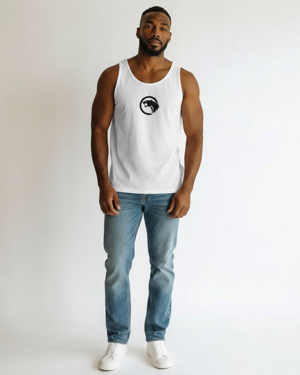 GYM PANTHERS white men's performance tank top with black panther logo on chest. 100% combed ringspun cotton.