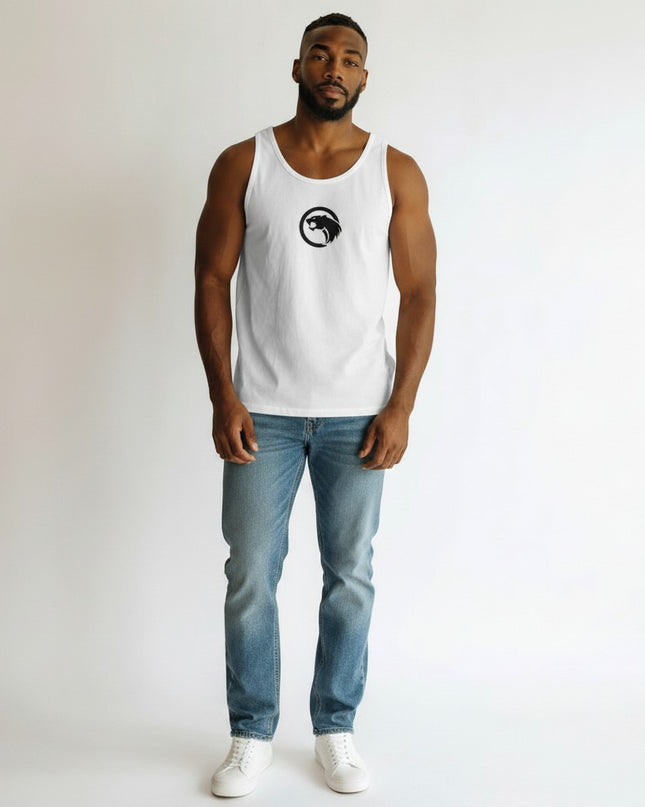 GYM PANTHERS white men's performance tank top with black panther logo on chest. 100% combed ringspun cotton.