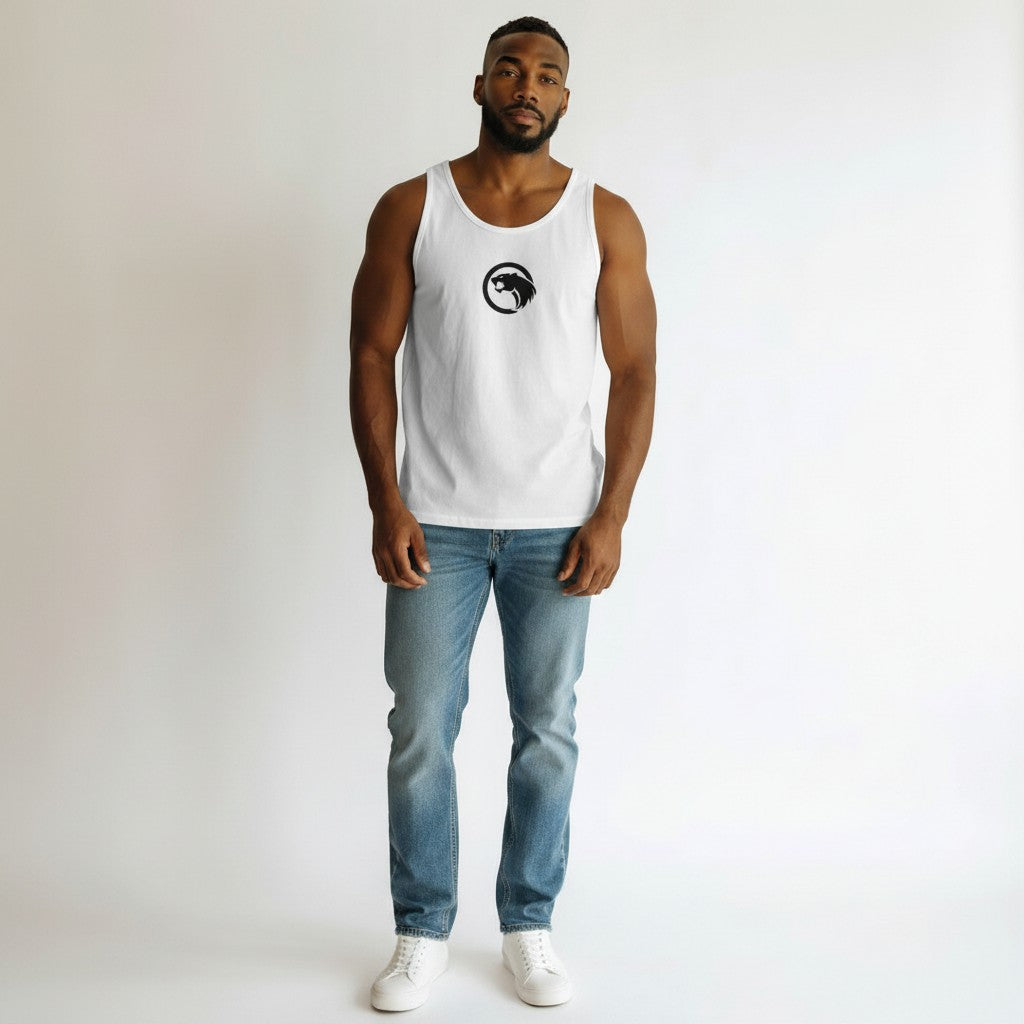 GYM PANTHERS white men's performance tank top with black panther logo on chest. 100% combed ringspun cotton.