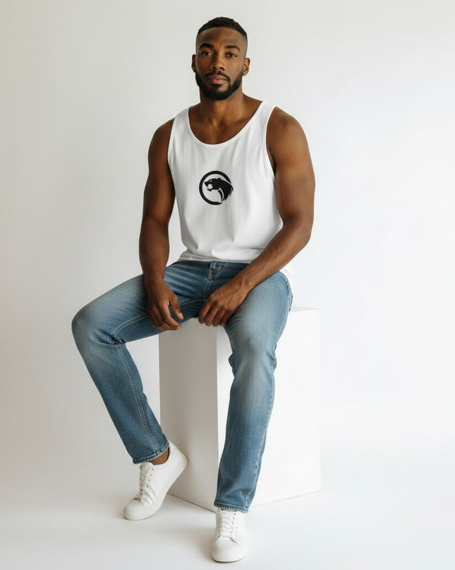 GYM PANTHERS white men's performance tank top with black panther logo on chest. 100% combed ringspun cotton.