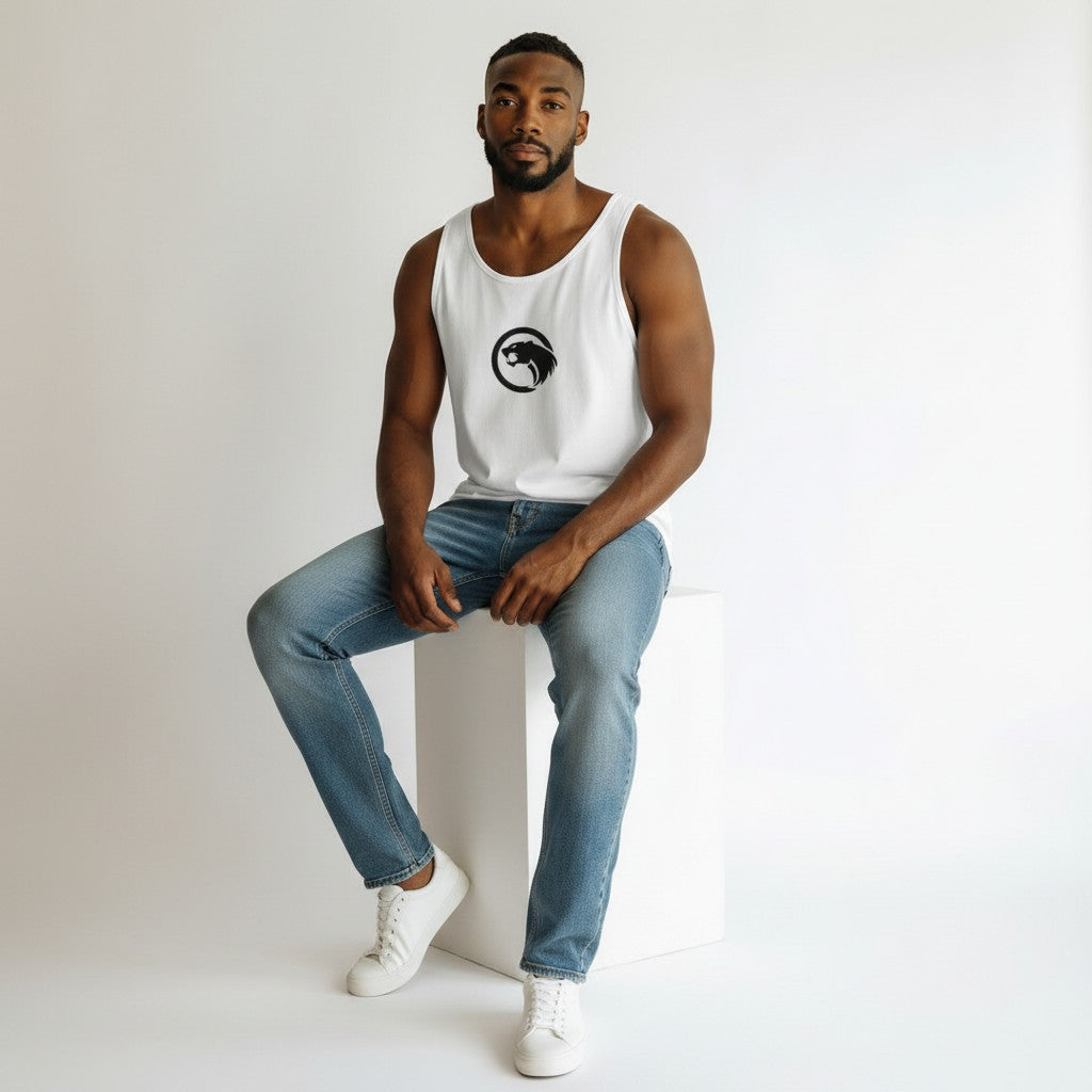 GYM PANTHERS white men's performance tank top with black panther logo on chest. 100% combed ringspun cotton.