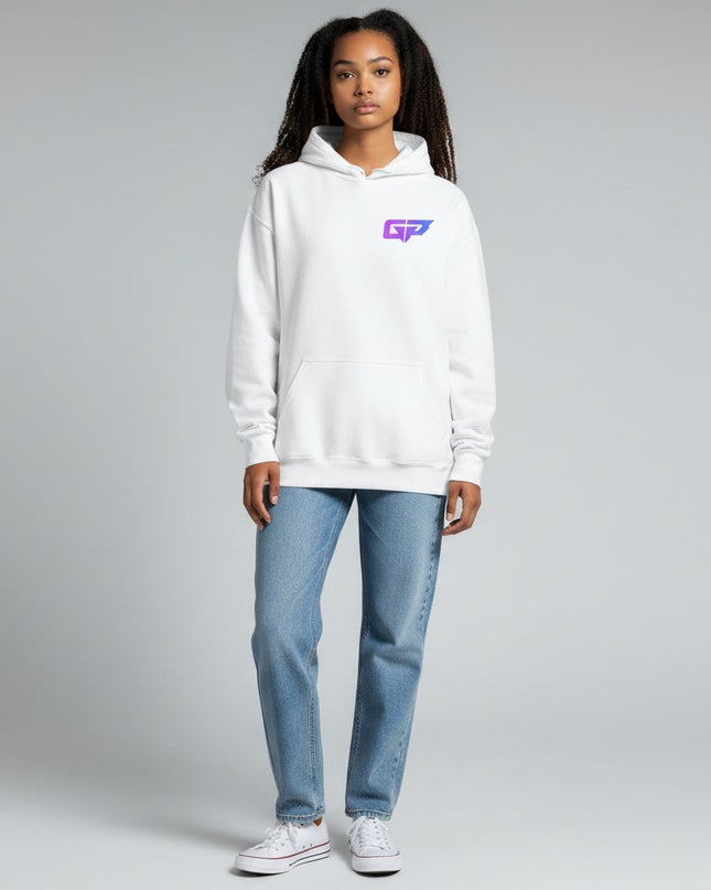 GYM PANTHERS white premium cotton hoodie with a purple and blue gradient GP logo on the left chest. Features a double-lined hood, drawcord, ribbed cuffs, waistband, and front pouch pocket.