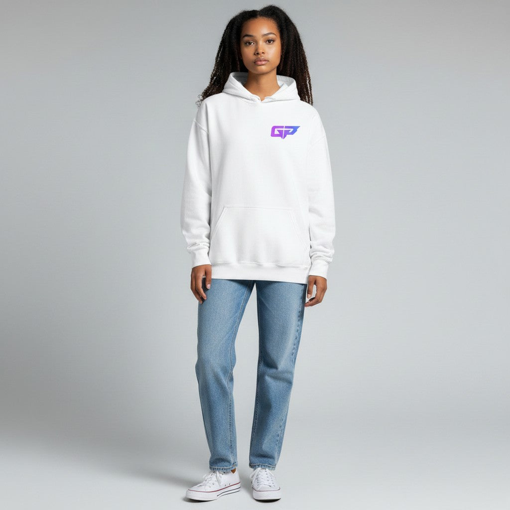 GYM PANTHERS white premium cotton hoodie with a purple and blue gradient GP logo on the left chest. Features a double-lined hood, drawcord, ribbed cuffs, waistband, and front pouch pocket.
